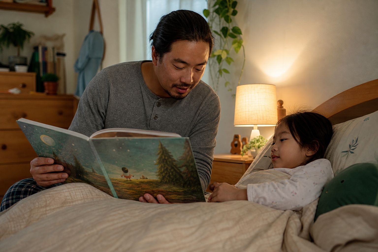 A parent reading a bedtime story to a child under soft lamplight, no screens in sight