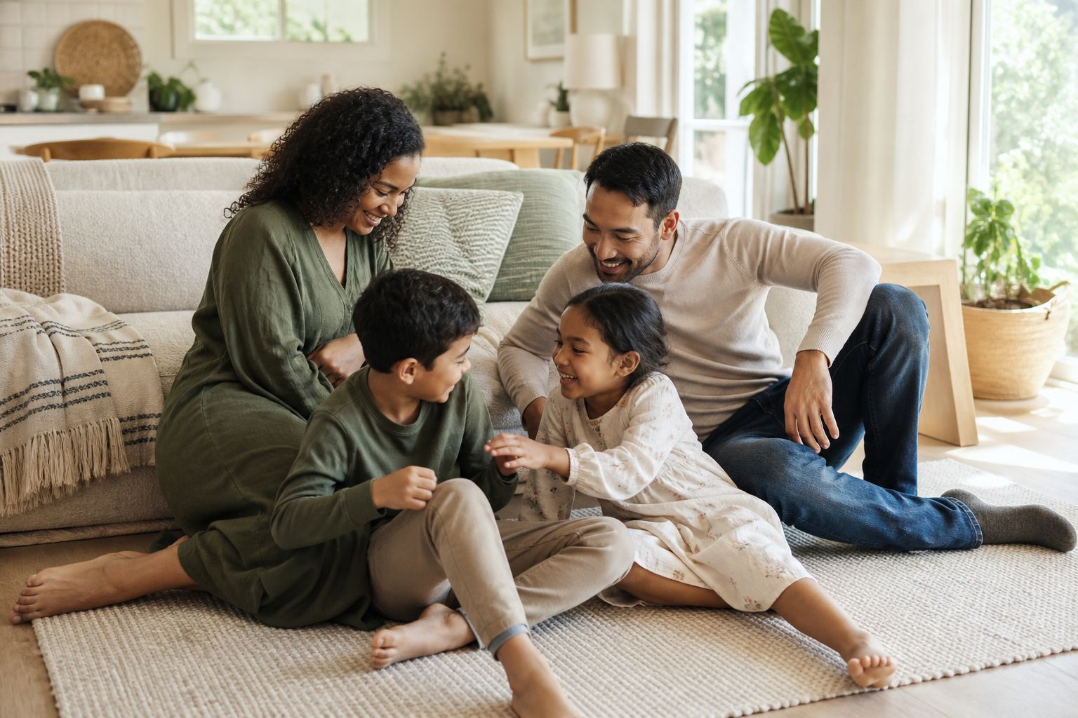 A family of different ages gathered together in a bright, sunlit living room, relaxed and smiling
