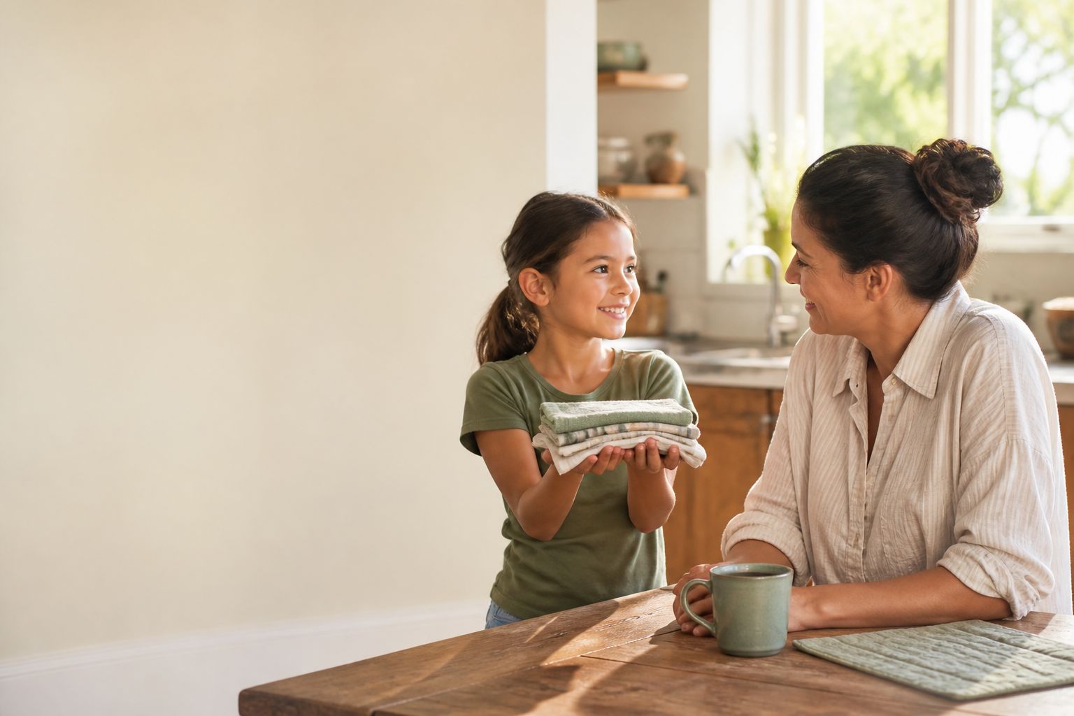 A parent and young child cooking together at the kitchen counter, laughing as they work