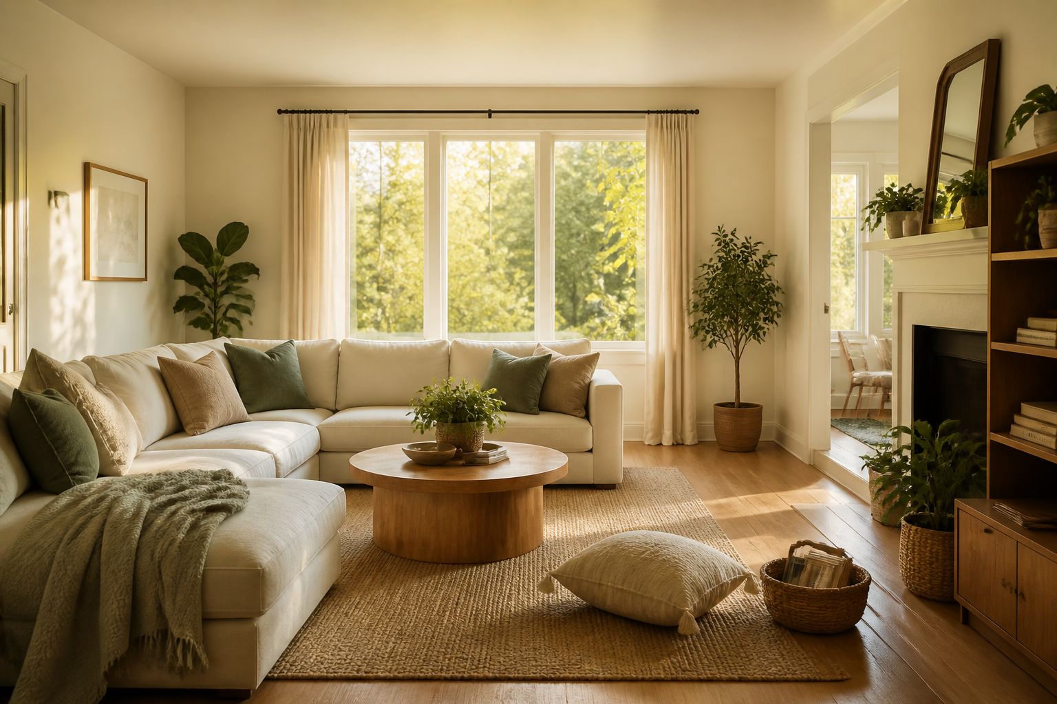 A warm, lived-in family living room in soft daylight, tidy and welcoming