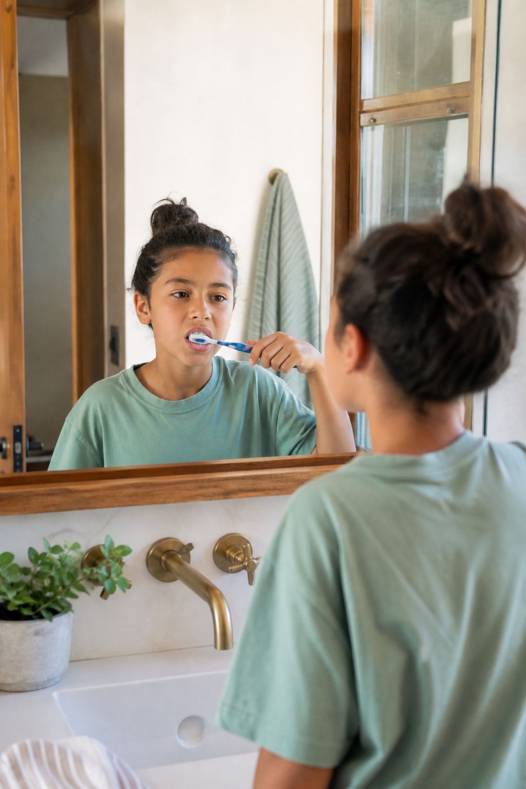 A child brushing their teeth at the bathroom sink as part of an everyday routine