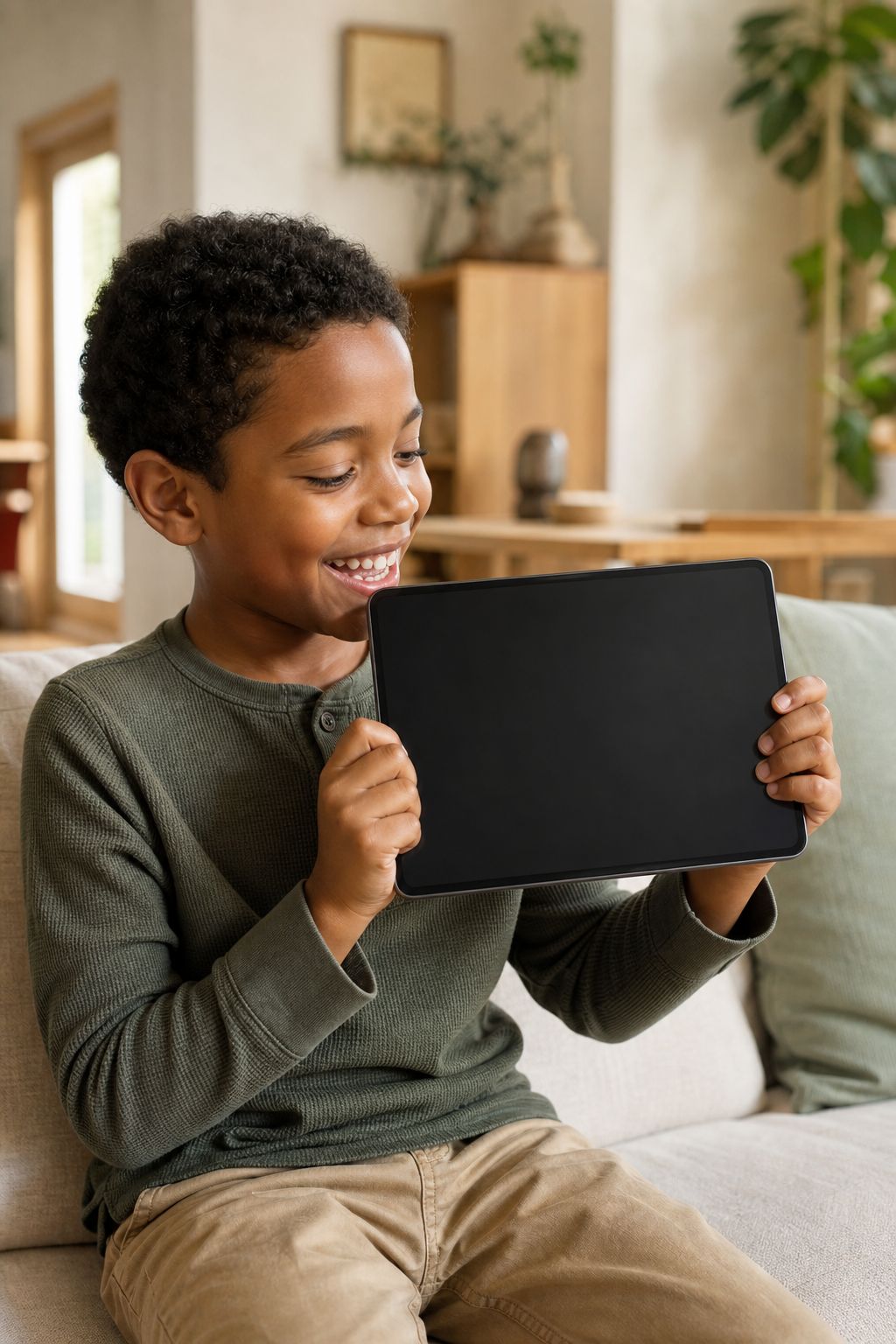 A child holding an Android tablet in both hands, absorbed in what is on the screen