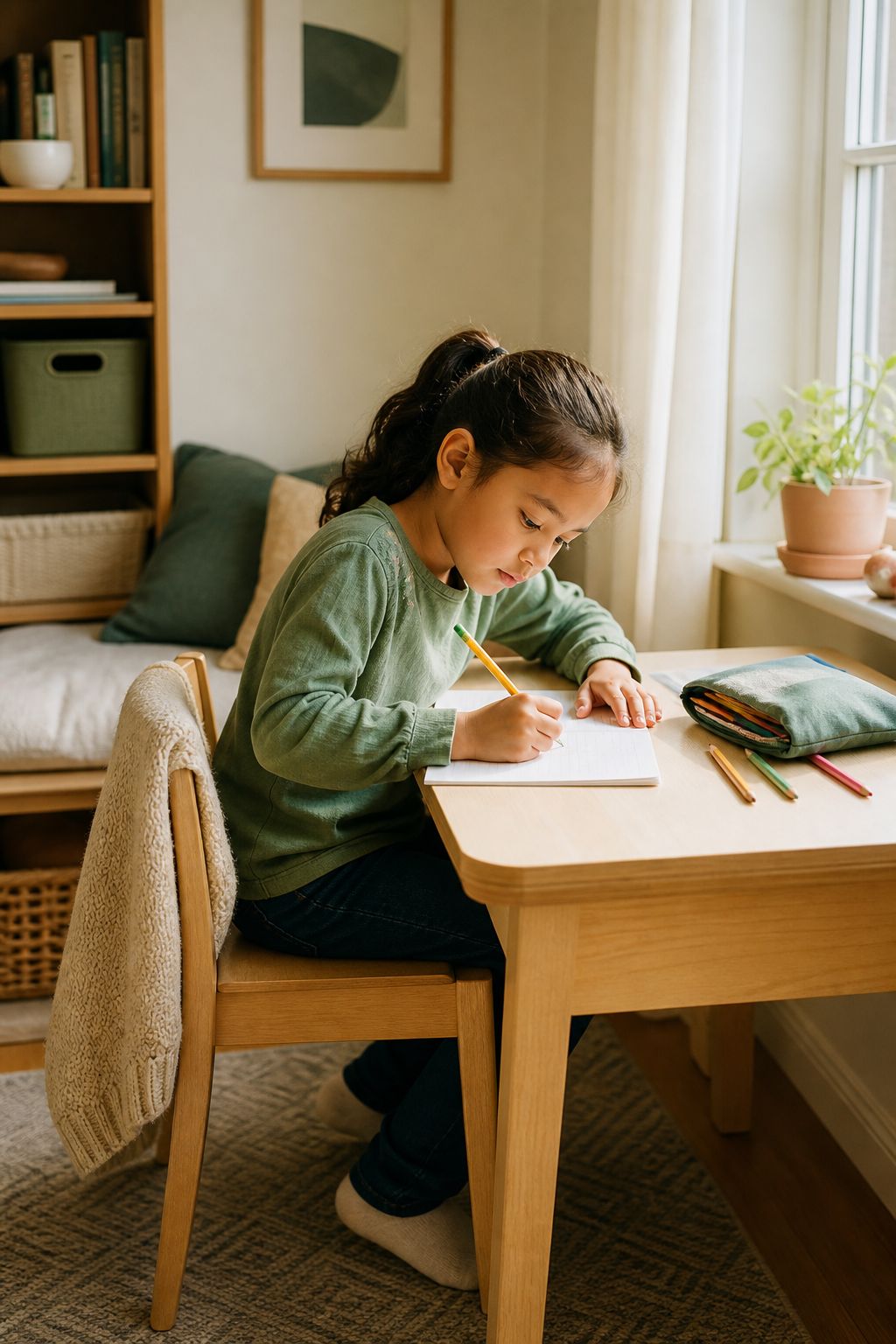 A child focused on homework at a tidy desk, pencil in hand and books open