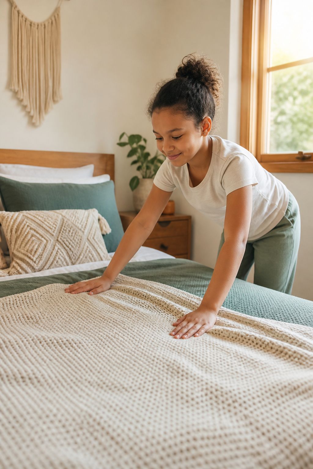 A child pulling up the covers to make their own bed, focused on smoothing the blanket