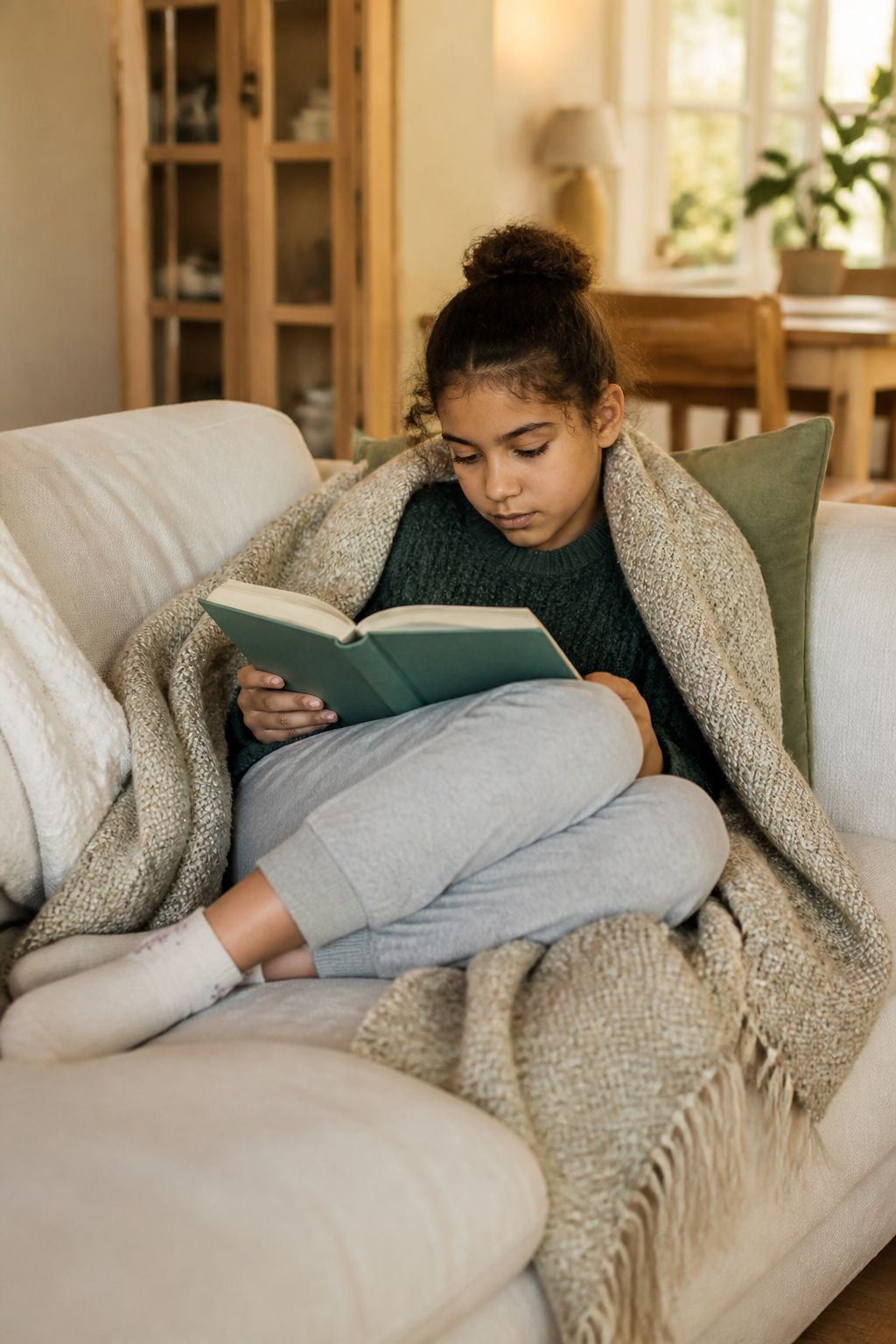 A child curled up on the couch, absorbed in a picture book