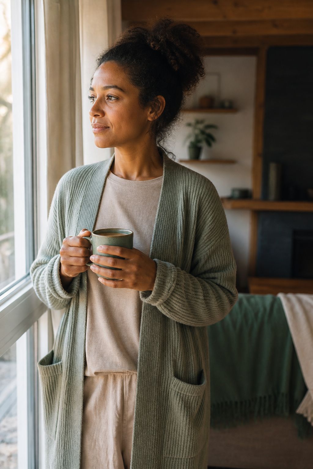 A parent relaxing with a warm cup of coffee in a sunlit kitchen, calm and unhurried