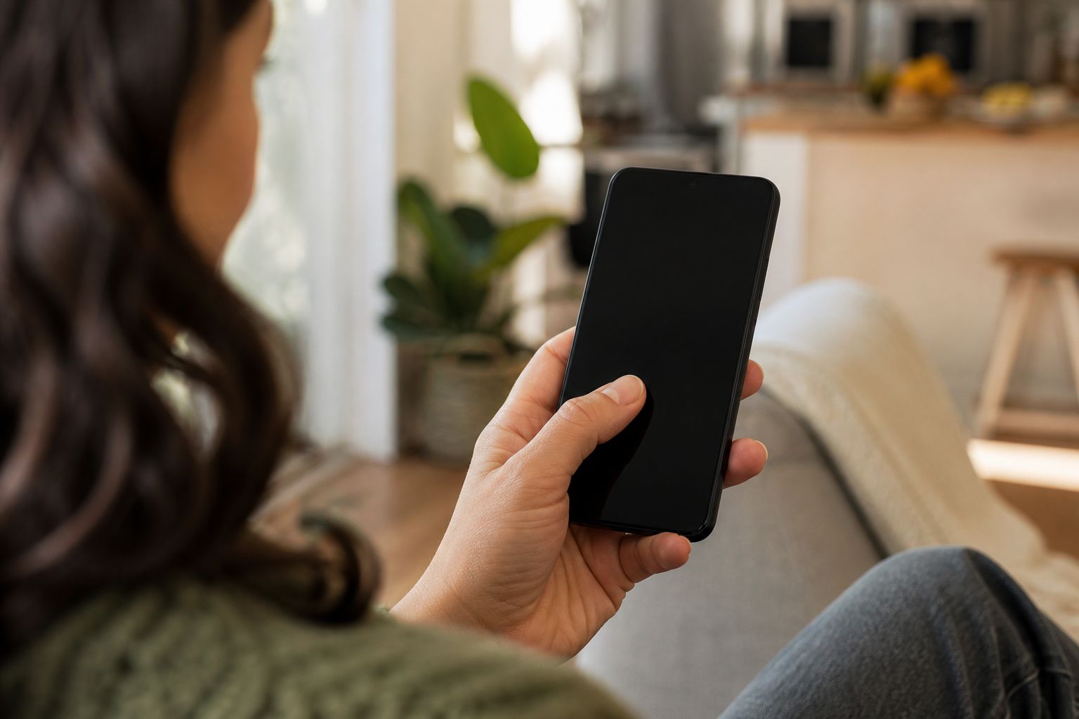 A parent's hand holding an Android phone, calmly checking it in a quiet home setting