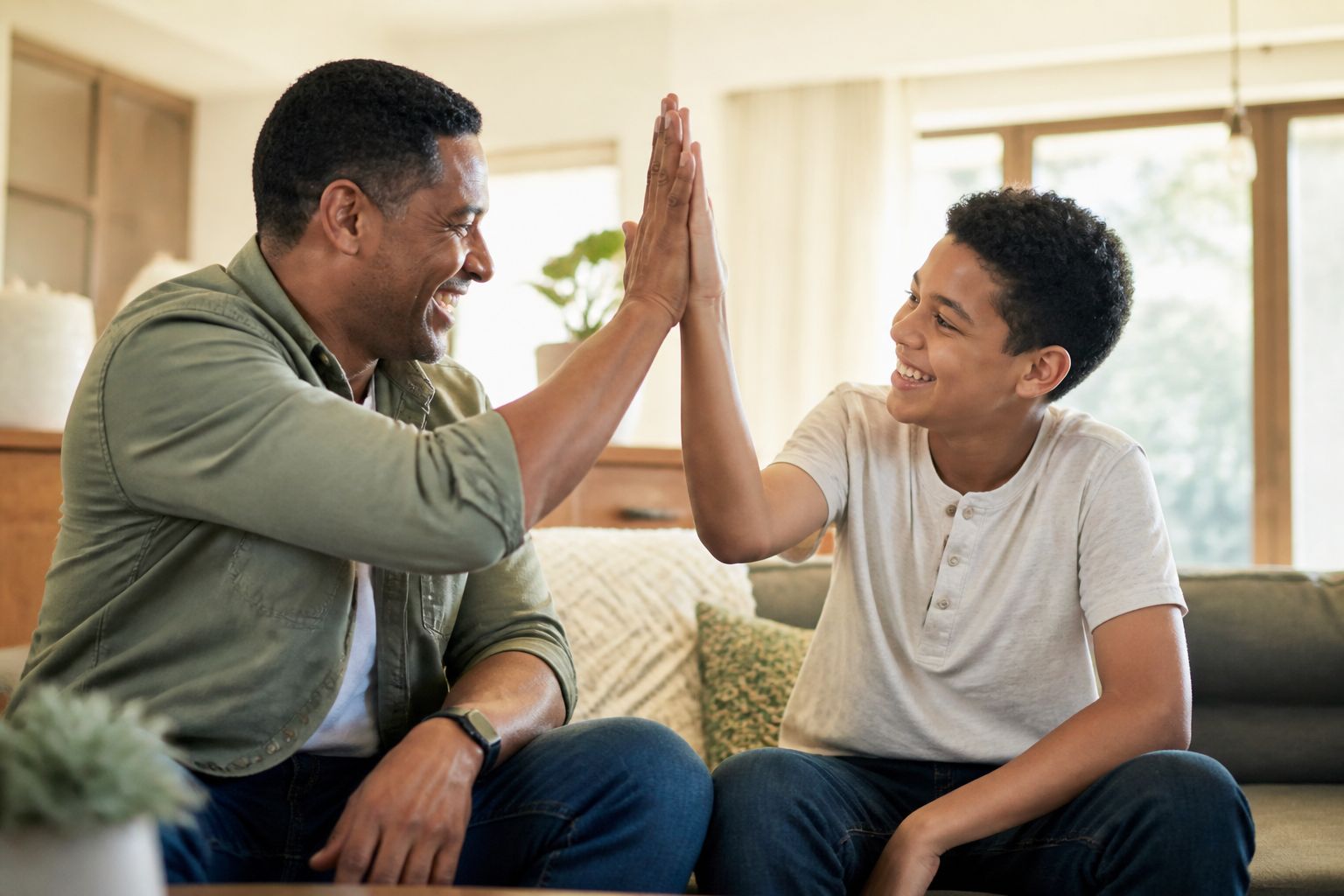 A parent and tween celebrating with a fist bump, sharing an easy, trusting moment