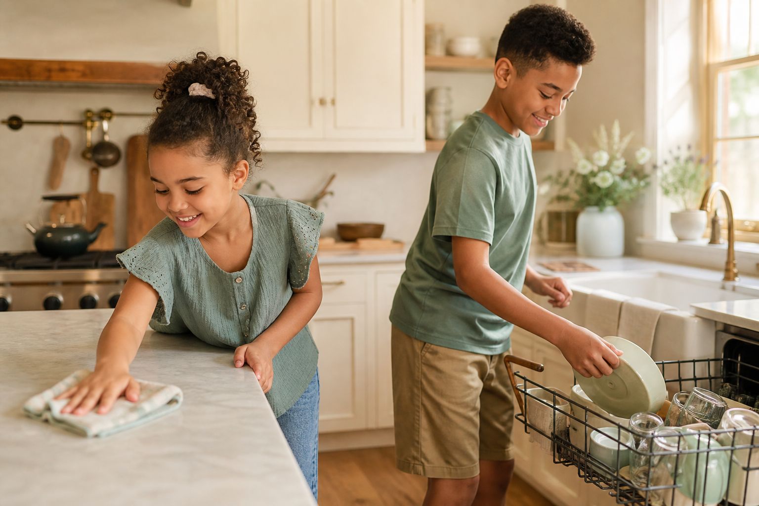 Two siblings working side by side in the kitchen, each on their own task