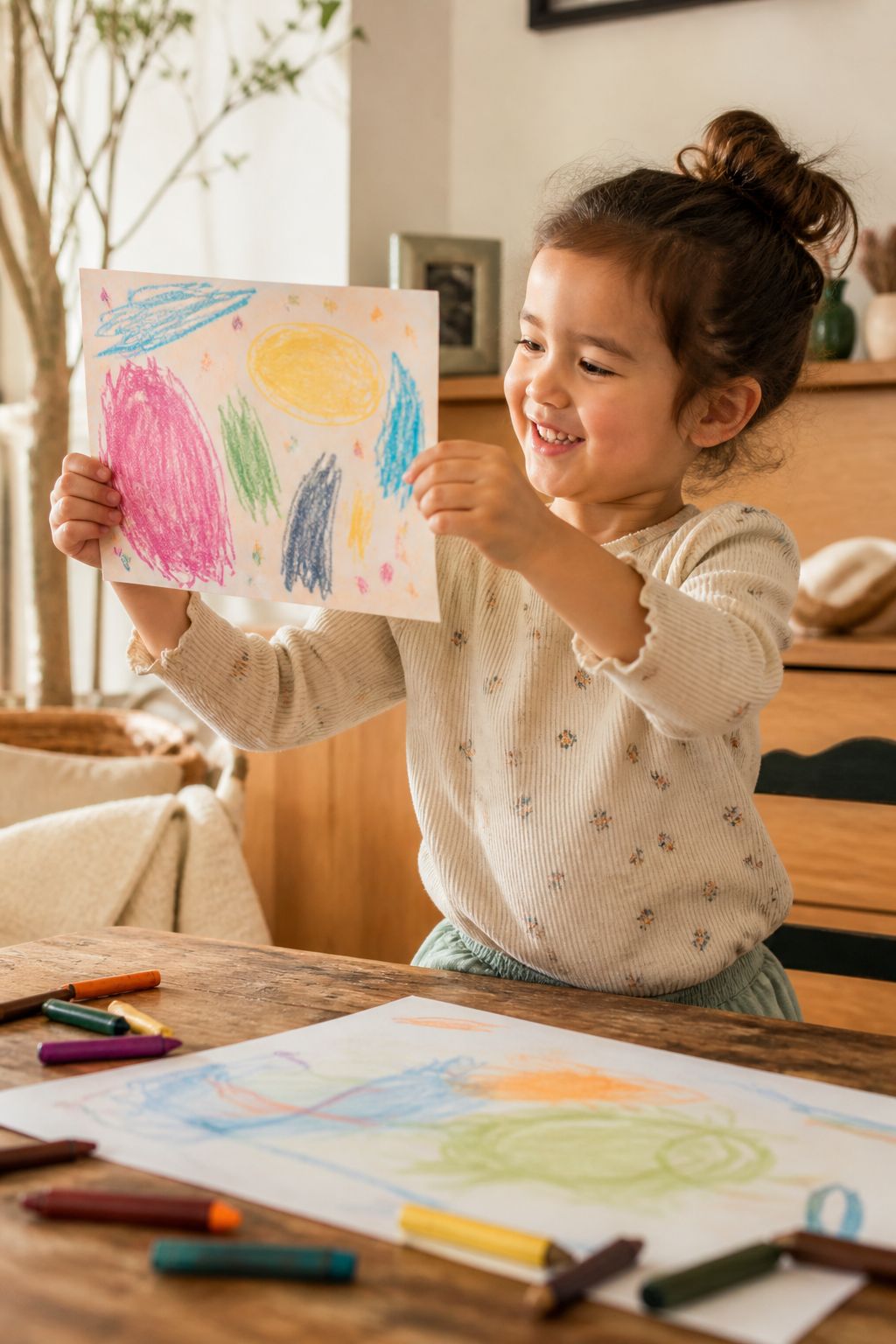 A young child happily drawing with crayons at a table, tongue out in concentration